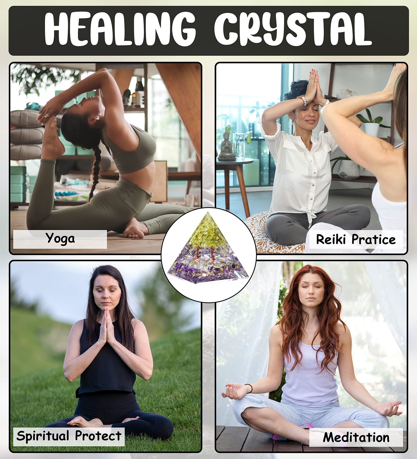 "55mm orgone pyramid Amethyst protection crystals reiki supplies healing stones, organite pyramid for good luck gift for women men gemstone crystal chakra charm orgone generator orgonite collection"