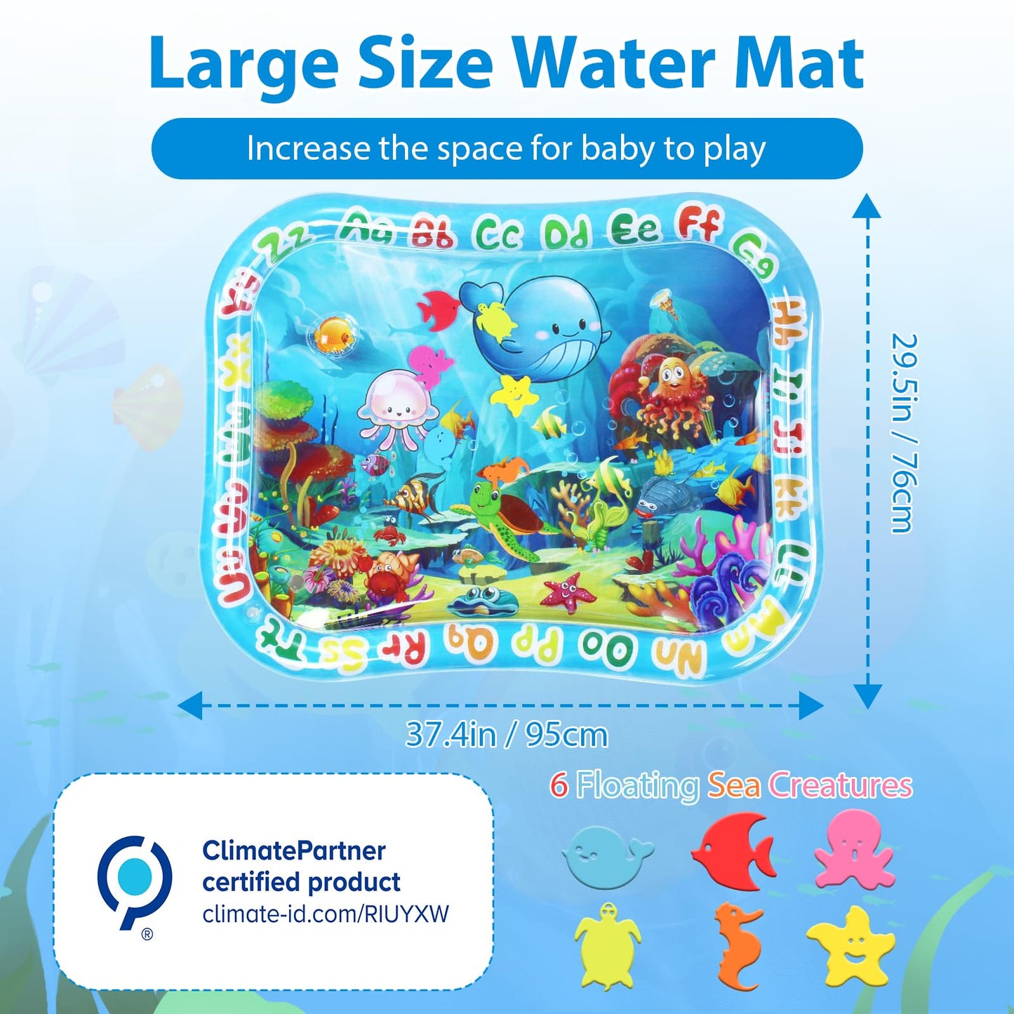 GARNHLOB Baby Water Mat Large 37.4"x29.9", Safe Inflatable Tummy Time Water Play Mat for Infants & Toddlers with Climate Pledge Friendly, Newborn Sensory Water Pad for Christmas Gift (Blue)