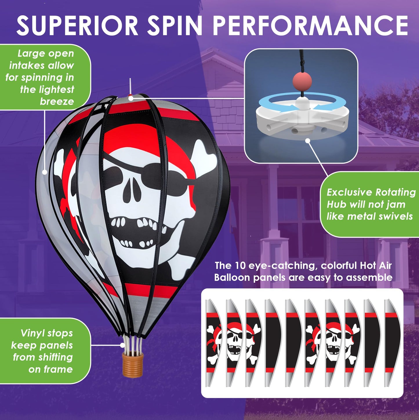 Hot Air Balloon Hanging Garden Spinner 22" - Vibrant Jolly Roger Design, Weather-Resistant Outdoor Decor, Durable & Lightweight for Patios, Yards, and Gardens - Eye-Catching Wind Spinner