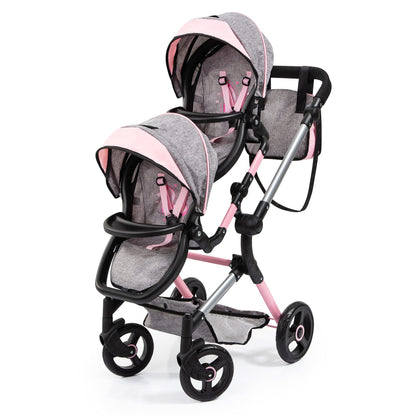 Bayer Twin Doll Pram Neo, Grey, Pink with Butterfly, Jean Look