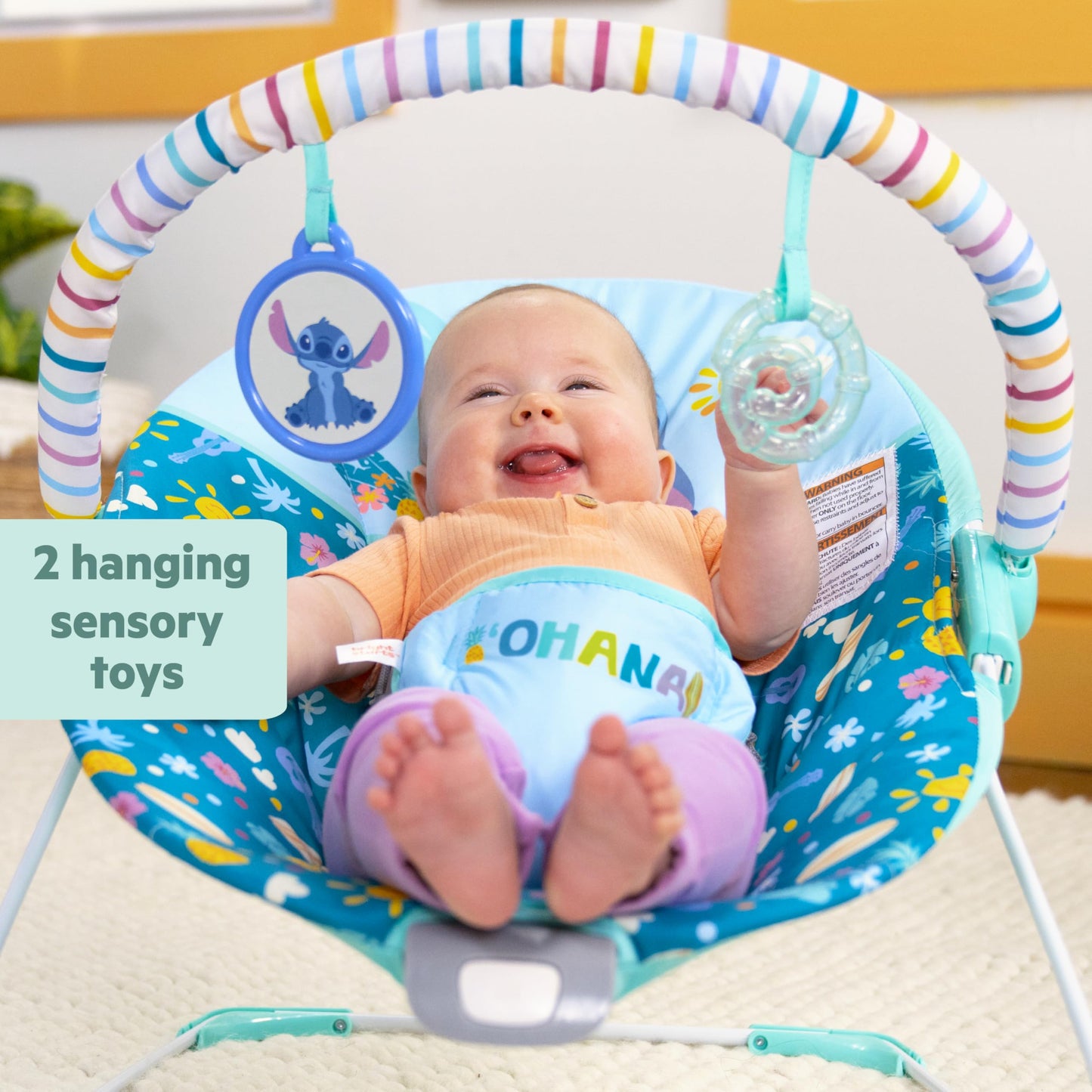 Bright Starts Disney Stitch Ohana Paradise Vibrating Baby Bouncer, Soothing Vibrations Infant Seat with 2 Sensory Toys, 0-6 Months