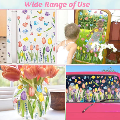 63PCS Spring Window Clings, 10 Sheets Reusable Window Stickers for Glass with Hummingbirds Butterflies Tulip Flowers,Spring Summer Window Decor