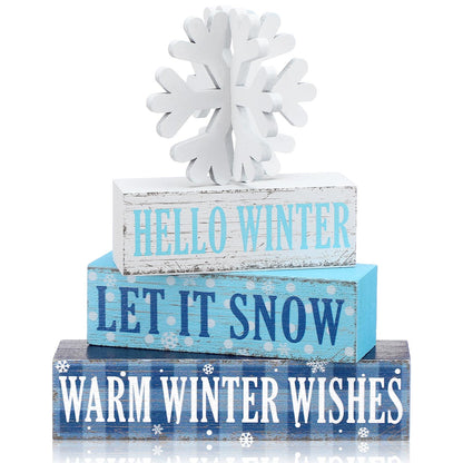 Geelin 4 Pieces Hello Winter Wooden Table Decorations Let It Snow Wooden Signs Rustic Snowflake Tiered Tray Decor Winter Wishes Tabletop Centerpieces for Home Desk Room Kitchen Shelf