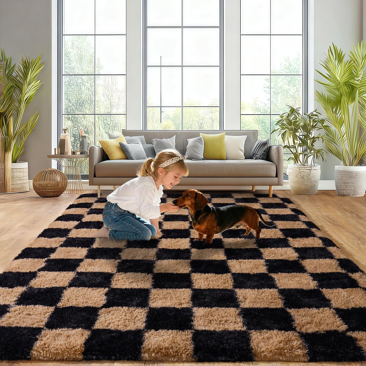 Upgrade Non-Slip Plush Rugs for Living Room, Soft Shaggy Carpets for Living Room, Fuzzy Rugs for Kids' Room, Perfect Decor for Modern Home Grid 6x9Feet