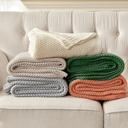 Joydeco Chunky Cable Knit Throw Blanket, Lightweight 100% Organic Cotton Soft Cozy Throw Twin Blanket for Couch Bed and Sofa, Rustic Breathable Farmhouse Blanket Gift for Women Men(Beige, 51"x63")