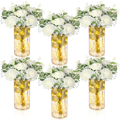 Domensi 6 Sets Wedding Table Centerpieces, LED-Enhanced Floral Arrangements with Faux Roses, Eucalyptus, Baby's Breath, and Acrylic Vase for Bridal Showers, Home Dining, and Parties (White)