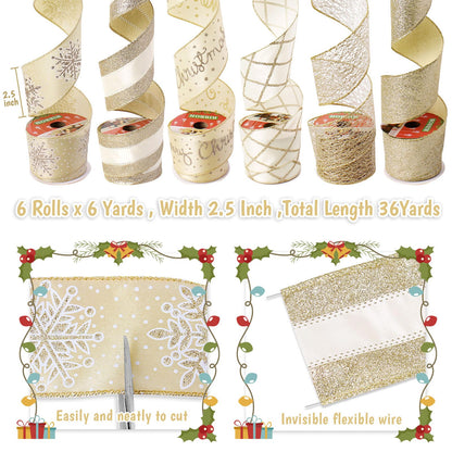 Tsorode Christmas Ribbon Wired 2.5 inch,6 Rolls 36 Yards Champagne Gold Christmas Tree Ribbon,Holiday Wired Ribbons for Tree Topper Bow Wreath Gift Wrapping Xmas Decorations (Champagne Gold)