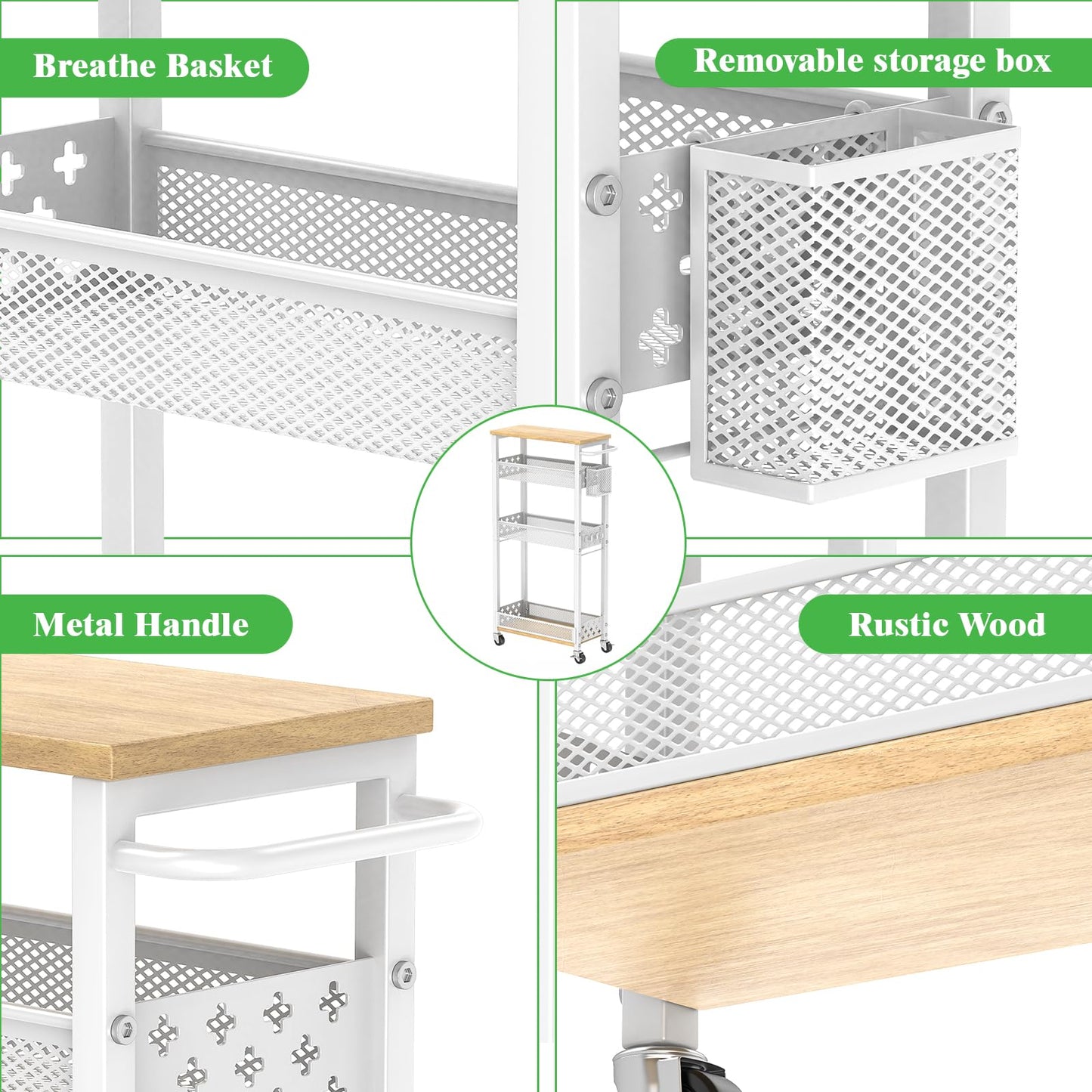 MJIMKE Slim Storage Cart with Wheels - 4 Tier Utility Narrow Rolling Cart with Wood Top, Metal Trolley for Bathroom Laundry Kitchen Organization with Handle, 7.1 inch Wide for Small Space, White