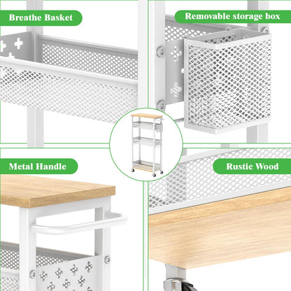 MJIMKE Slim Storage Cart with Wheels - 4 Tier Utility Narrow Rolling Cart with Wood Top, Metal Trolley for Bathroom Laundry Kitchen Organization with Handle, 7.1 inch Wide for Small Space, White
