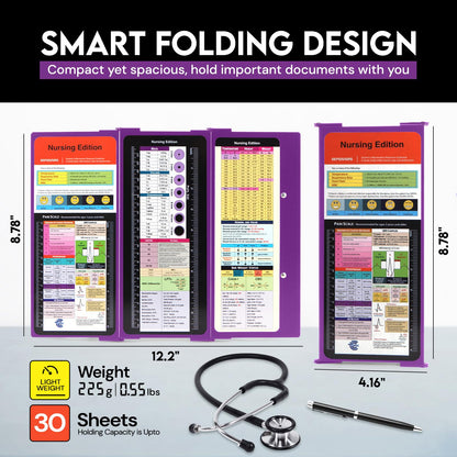 Nursing Clipboard with Nursing and Medical Edition Cheat Sheets 3 Layers Aluminum Foldable Nurse Clip Board Nursing Student Essentials - Foldable Clipboard Nursing Nursing School Essentials (Purple)