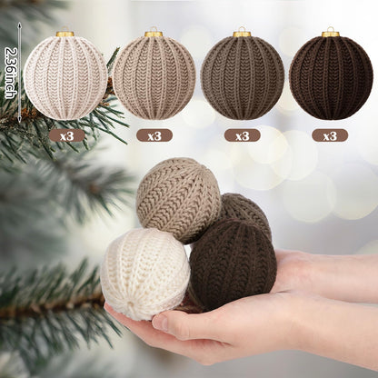 VioraWhite 12 Pcs Neutral Christmas Ornaments, 2.36 Inch Brown Crochet Christmas Balls Modern Rustic Handmade Knitted Woven Cotton Baubles for Xmas Tree Farmhouse Holiday Decor