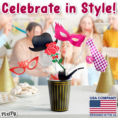Photo Booth Props - 66 Piece Multicolor Kit - Fun Selfie Party Accessories - Mustaches, Hats, Lips & More - by PixiPy