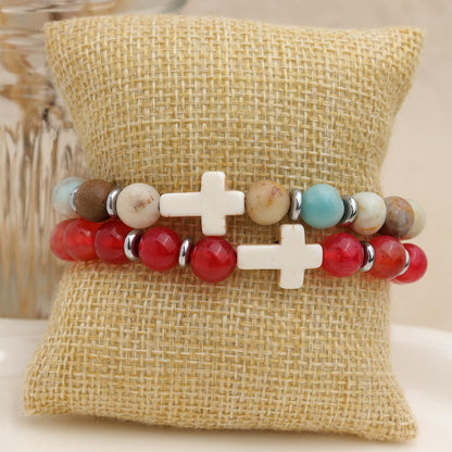 Frigotine Cross Red Agate Beaded Stretch Protection Bracelet for Man Woman, Handmade Carnelian Healing Stone Chakra Beads Elastic Bracelets Catholic Religious Accessories Fashion Jewelry Gift