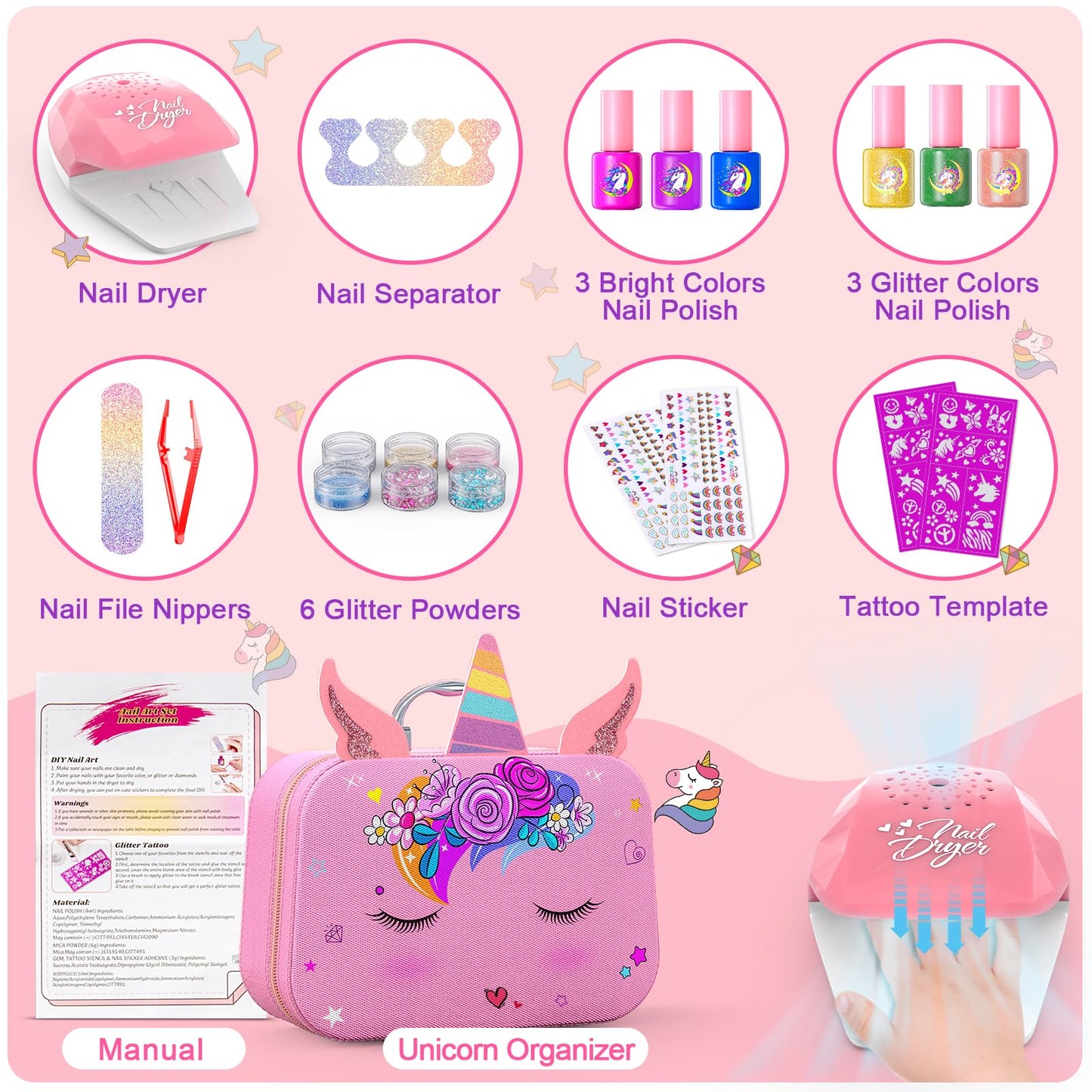 Kids Nail Polish Set for Girls, Nail Art Kit with Nail Dryer & DIY Nail Stickers, Nail Kit Toys for Girls with Non-Toxic Nail Polish, Age 3-12 Little Girl Gift Toys- Pink