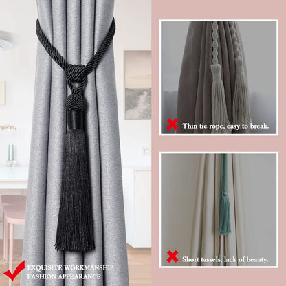 NICEEC 2 Pack Long Tassel Curtain Tiebacks Handmade Braided Rope Knot Drape Tie Backs European Style Decorative Curtain Holdbacks for Home & Office Window Drapery (Black)