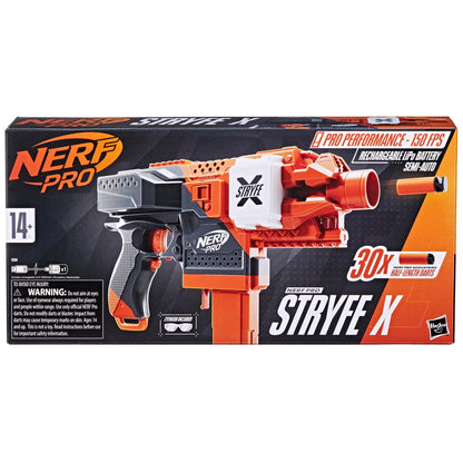 NERF Pro Stryfe X Dart Semi-Auto Blaster, Rechargeable LiPo Battery, 30 AccuStrike Half-Length Darts, 15-Dart Magazine, 150 FPS, Eyewear, 14+ (Amazon Exclusive)