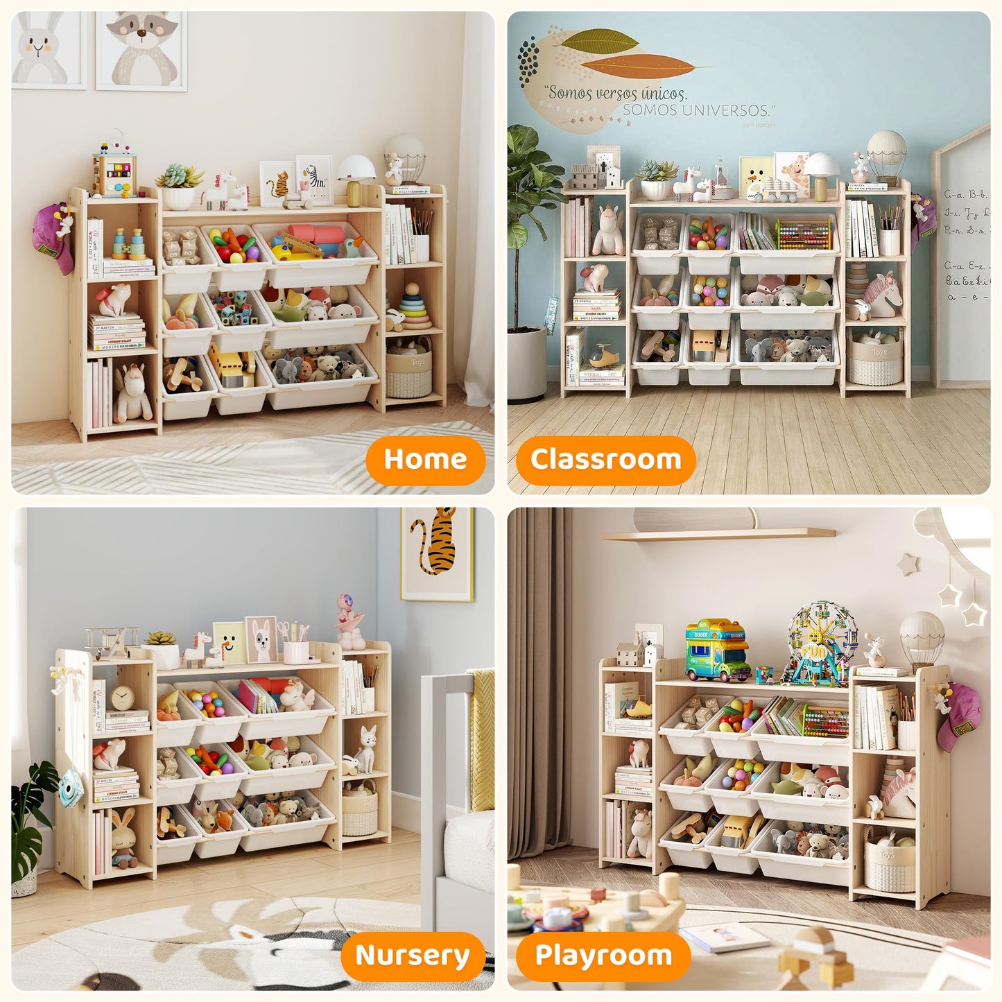 GITAWUSA Toy Storage Organizer, Kids Bookshelf with 6 Shelves, 9 Toy Bins & 6 Hooks | Toy Shelf, Storage Bin Unit, Toy Organization for Playroom, Nursery, Bedroom, Toddler Room | Wood & White