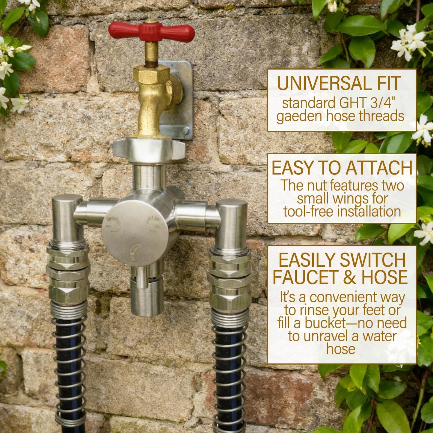 G-Sunny Stainless Steel Multi-Function Outdoor Faucet with Dual Garden Hose Adapter, Heavy Duty Outdoor Water Splitter with Extra Tap for Hand Washing, Bucket Filling (Dual Hose)