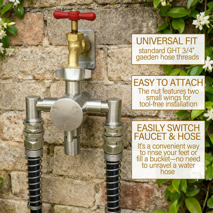 G-Sunny Stainless Steel Multi-Function Outdoor Faucet with Dual Garden Hose Adapter, Heavy Duty Outdoor Water Splitter with Extra Tap for Hand Washing, Bucket Filling (Dual Hose)