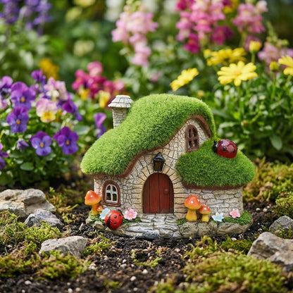Solar Fairy Garden House Accessories, Outdoor Garden Statues with Ladybug Lights & Mushroom Gardening Gifts for Women, House Sculpture Figurine Outside Garden Decorations for Yard Patio Lawn Decor