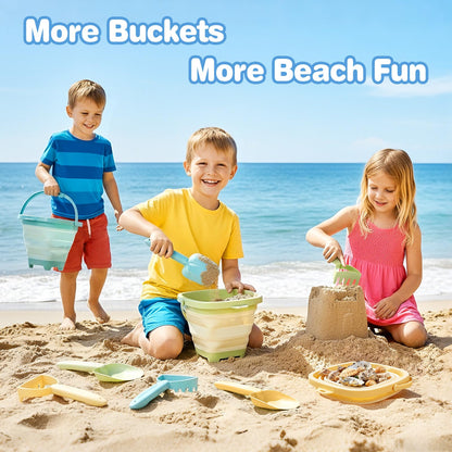 Dreamon Beach Toys, 3 Pack Collapsible Sand Buckets for Kids, Shovels & Rakes Set with Mesh Bag, Kids Beach Essentials Sandcastle Building Kit for Beach Trip Outdoor Play and Summer Fun
