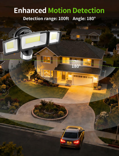 MAGAGUVU 100W LED Security Lights, 11000LM Hardwired Flood Lights with Remote Control, Motion Sensor Outdoor Lights, 3 Adjustable Heads, IP66 Waterproof, Dusk to Dawn Outdoor Lighting for Yard Garage