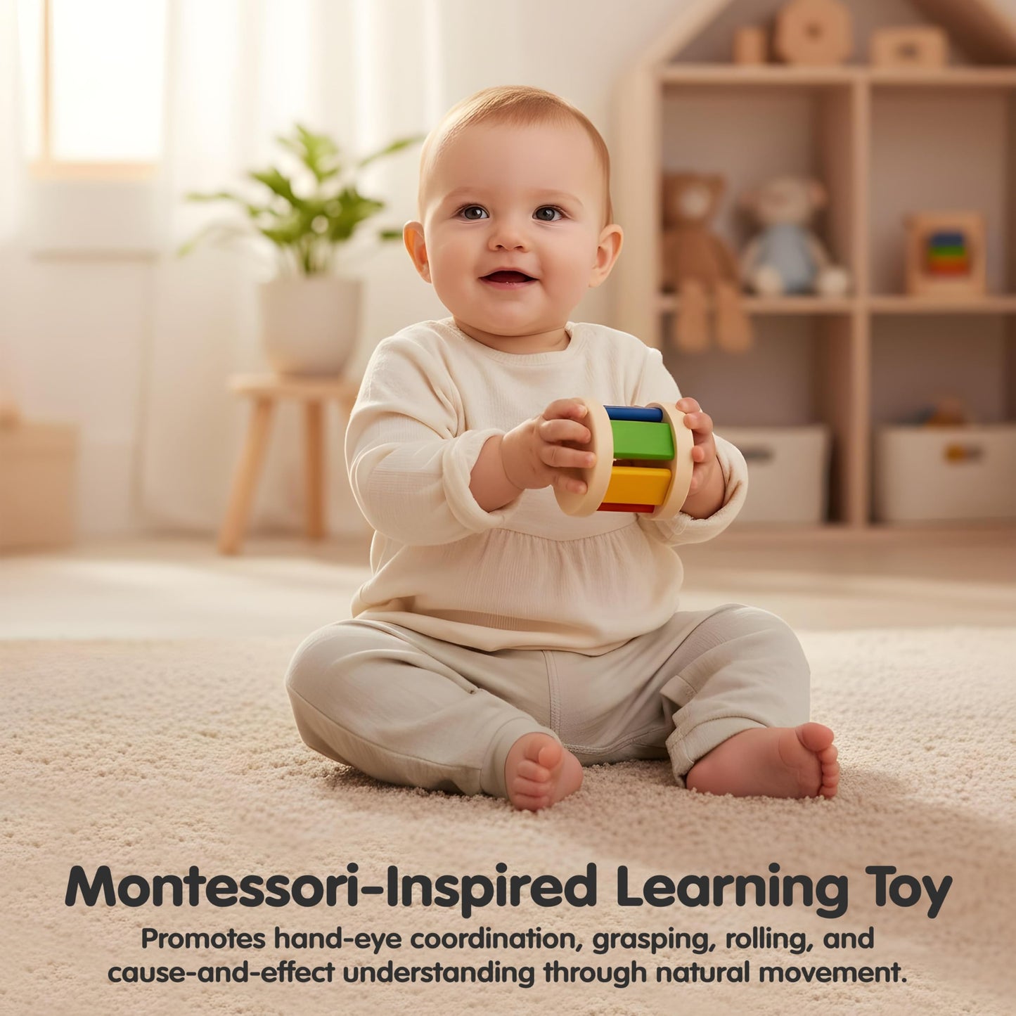 PlanToys® Wooden Roller Rattle Toy for Babies | Montessori Baby Sensory Toy with Gentle Sound | Eco-Friendly Crawling & Motor Skill Toys for Infants