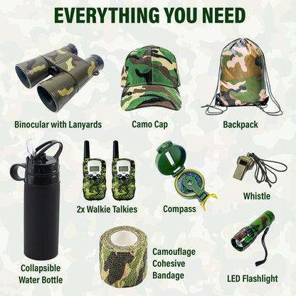 CEREM Kids Explorer Kit - 10-in-1 Nature Explore Set with Walkie Talkies, Binoculars, Compass, LED Flashlight - Outdoor Adventure Kit for Boys and Girls - Complete Camping Gear Bundle