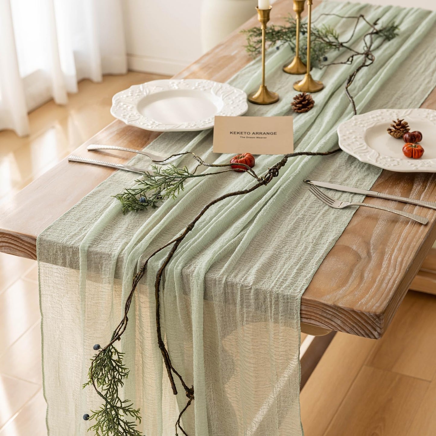 Keketoarrange Sage Green Table Runner Easter Decor Cheesecloth 120 Inch 10 FT Rustic Boho Cheese Cloth Runner for Wedding Baby Shower Bridal Shower Sheer Gauze Centerpiece Spring Home Decorations