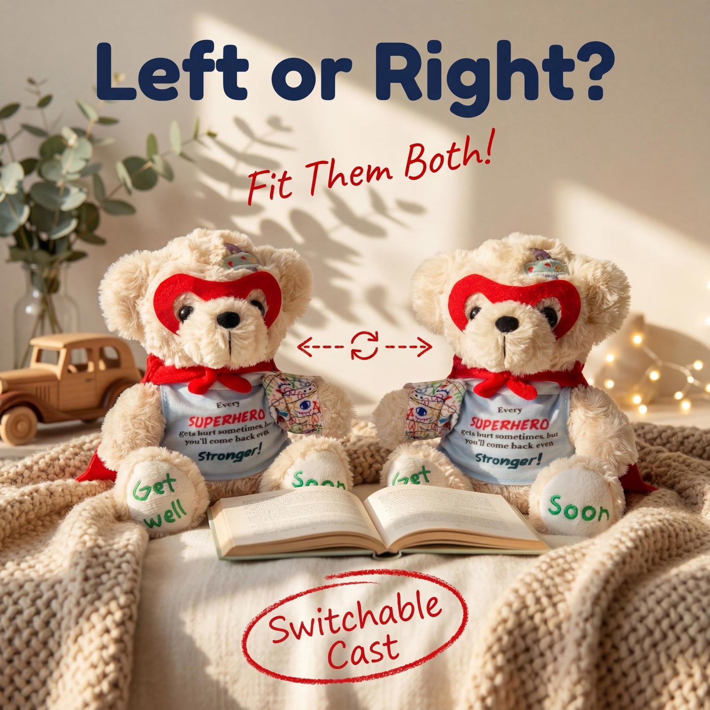 SHSEEN Broken Arm Gifts for Kids, Superhero Get Well Soon Bear with Switchable Cast (Fits Left or Right Arm), 8 Inch Stuffed Animal for Surgery Recovery, Broken Wrist, Tonsillectomy, Brave Boys & Girl