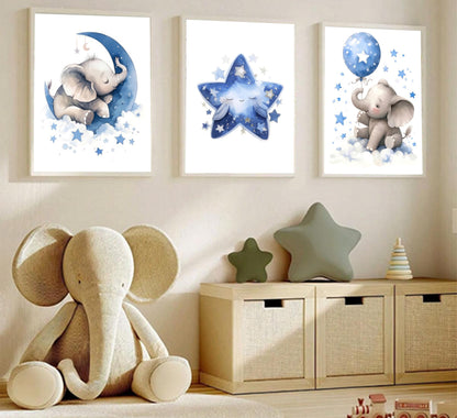 3Pcs Blue Nursery Elephant Canvas Wall Art Baby Boy Wall Decor Cute Animal Painting Pictures Moon And Stars Balloon Poster Prints for Nursery Classroom Kids Room Bedroom Home Decoration 12X16unframed