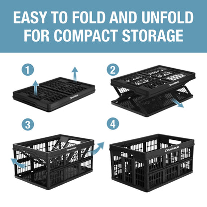 CleverMade Collapsible Utility Crate 45L Foldable Plastic Crate with Heavy Duty 66 lb Capacity for Storage, Trunk Organization, & Moving - Obsidian