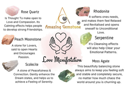 Amazing Gemstone Crystals for Love Manifestation, Set of 6 Rose Quartz, Rhodonite, Peach Moonstone, Serpentine, Scolecite and Moss Agate Healing Crystals and Stones