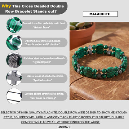 Christian Gifts for Men, Jesus Cross Bracelet for Men Handmade Double Elastic Beaded Bracelets Natural Crystal Gemstone Religious Jewelry for Boyfriend Husband Birthday Anniversary (Malachite)