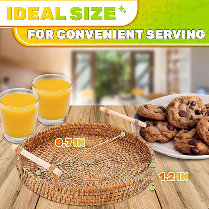 Rattan Tray 8.7-Inch Round – Woven Serving Basket with Handles – Holidays Romantic Decorative Tray for Coffee Table, Bread, Fruit, Vegetables, Restaurant & Home Use Charming Styling Coffee Table Decor