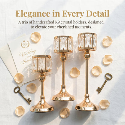 Crystal Tealight Candle Holders,Votive Candle Stands Wedding centerpieces for Tables Crystal Candlestick，Centerpiece Table Decorations (Gold, 3 Sets(9 Pcs))