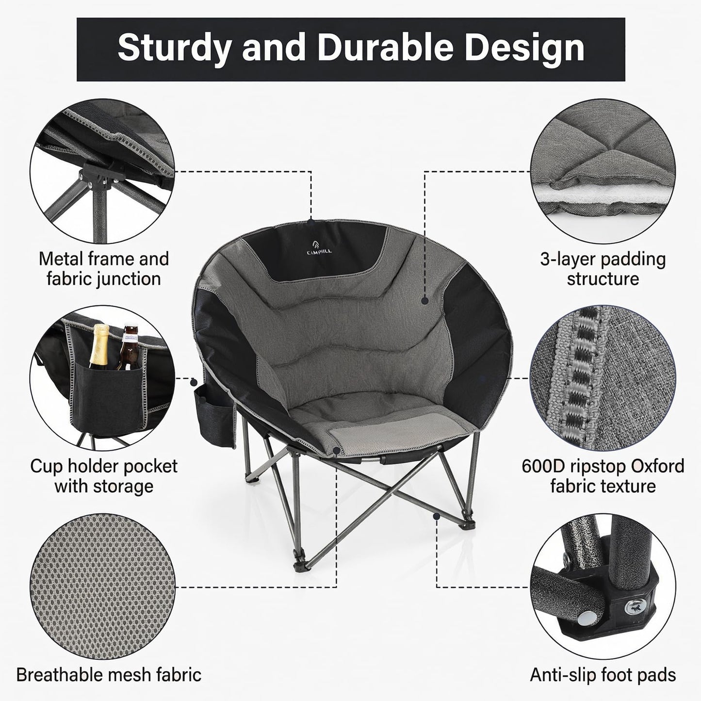 Oversized Camping Moon Chairs,Folding Round Padded Sofa Chair for Adults,Outdoor Lawn Chairs w/Side Pocket,Perfect for Indoor,Family Camping,Picnics and Garden,Black&Grey