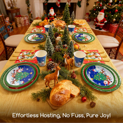 Christmas Paper Plates Disposable w/Napkins Cups & Cutlery, 50 Serves Santa Dinner Plates Sets, Heavy Duty Christmas Plates Disposable Supplies for Family, Winter Holiday Party Decrorations 175 pcs