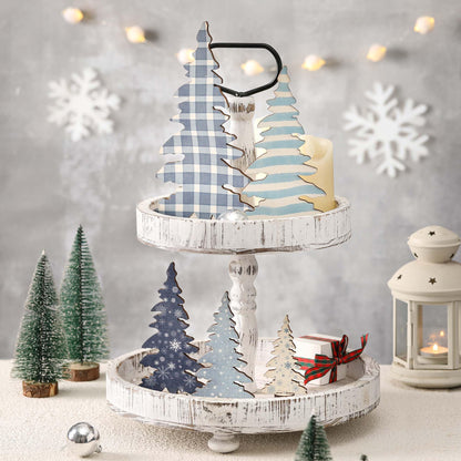5 Pcs Wooden Christmas Tree Tabletop Decorations, Winter Tiered Tray Decor for Table Shelf Mantel Office, Small Christmas Tree for Farmhouse Table Decor