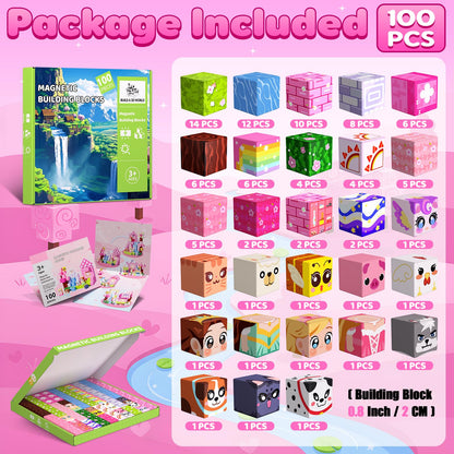 SSAWER Magnetic Blocks, 100PCS Magnetic Building Blocks, Stacking Magnets for Kids, Sensory Toy for STEM Constructions Magnet Blocks for Girls Age 3+, Christmas Birthday Gifts