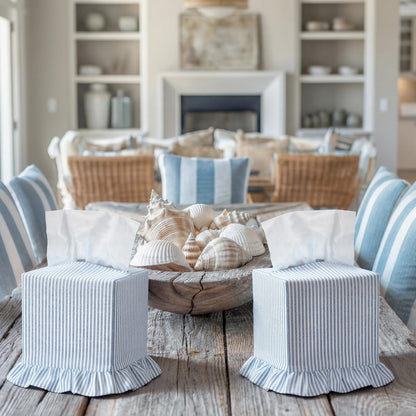 Sawysine Fabric Coastal Tissue Box Cover Light Blue White Linen Tissue Box Cover Decorative Beach Square Napkin Holder for Home Bedroom Living Room Bathroom Office Kitchen