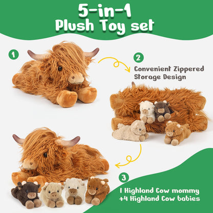 5PC Highland Cow Stuffed Animals with Babies Inside, 1 Mommy Highland Cow Plush & 4 Surprise Babies, Cute Plush Toy for Kid Boys Girls Ages 3 4 5 6 7 8, Gift Ideal for Christmas, Valentine's, Birthday