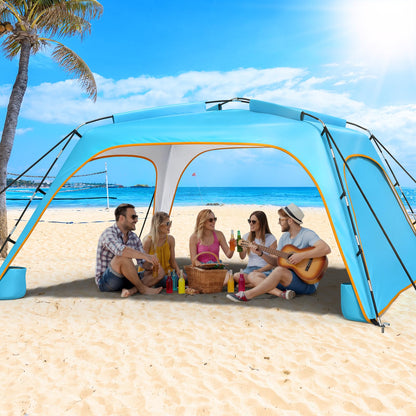 Beach Tent Sun Shelter for 6-8 Person, Beach Sun Shelter with UPF50+ UV Protection, Lightweight Beach Canopy, with Vent-to-Privacy Roll Curtain, Portable Shade Tent for Beach Camping Fishing