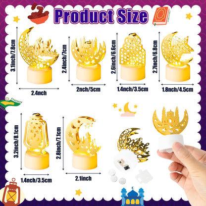 CUweipeng Ramadan Mini Lantern Lights Decoration - 6 Pcs Gold Moon Castle Lighthouse Eid Mubarak Lamp Plastic LED Night Light for Eid Ramadan Party Home Indoor Outdoor Bedroom Tabletop Decoration