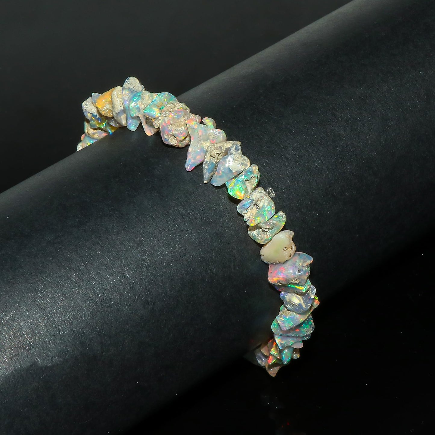CRYSTALIS Ethiopian Opal Bracelet, Natural Raw Stones, Fire Play Rough Gemstones, Chakra Healing Crystals, Gift Giving Jewelry, Rhodium 925 Sterling Silver Women Bracelet 8 inch