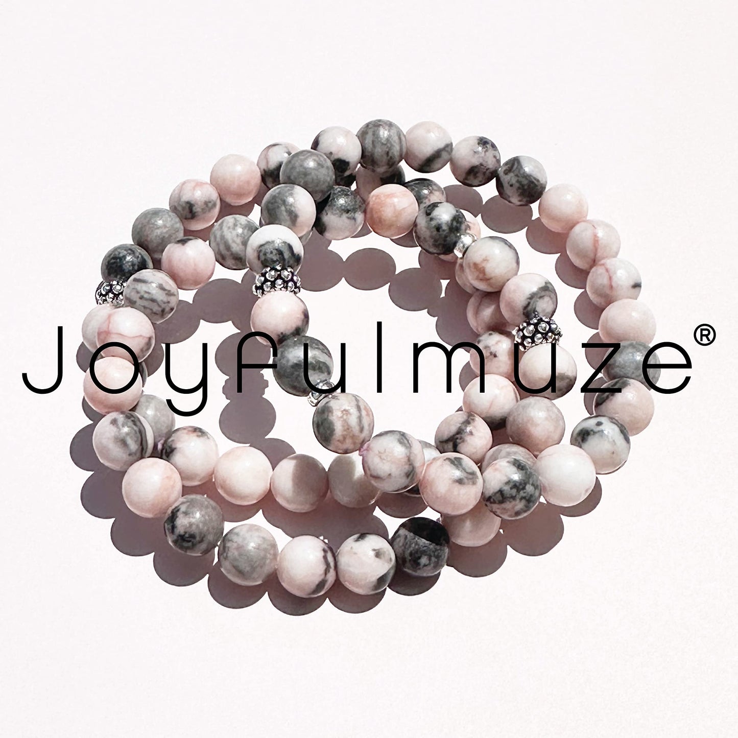 Joyfulmuze Zebra Jasper, Stretch Bracelets Natural Genuine Pink and Black Gemstones, Handmade Gift for Women and Men (Ocean-Pink-Black-Agate)