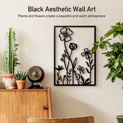 Sokurdeg Black Metal Flowers Wall Decor, Minimalist Floral Wall Hanging Art, Black Abstract Line Wall Art Sculptures for Bedroom Bathroom Living Room (4 Pcs, 12 x 17 in)