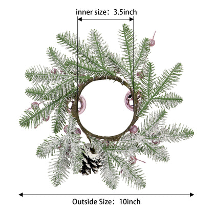 Christmas Candle Rings Wreaths,8" Small Wreaths for Kitchen Cabinet with Balls,Pine Cones,Pine Needles and Berries for Home Christmas Table Centerpiece Decorations (4, Pink)