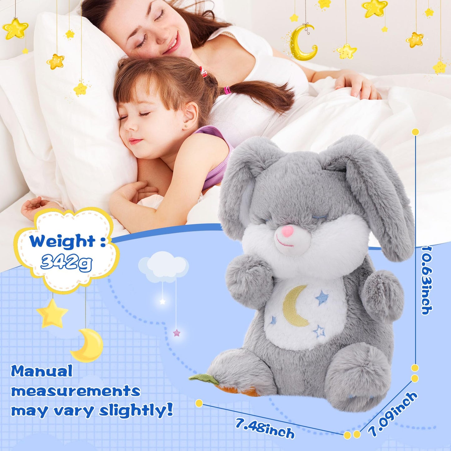 MIAODAM Soothing Cuddle Plush Toy, Breathing Stuffed Animal Bunny Plush with Realistic Breathing Action and Relaxing Music, for Babies and Toddlers, Hugging Plush for Emotional Comfort