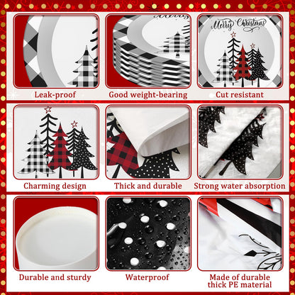 Dandat 402 Pcs Disposable Party Supplies - Christmas Plates Napkins Cups Tablecloth for Holiday Xmas (Black White, Christmas Tree)